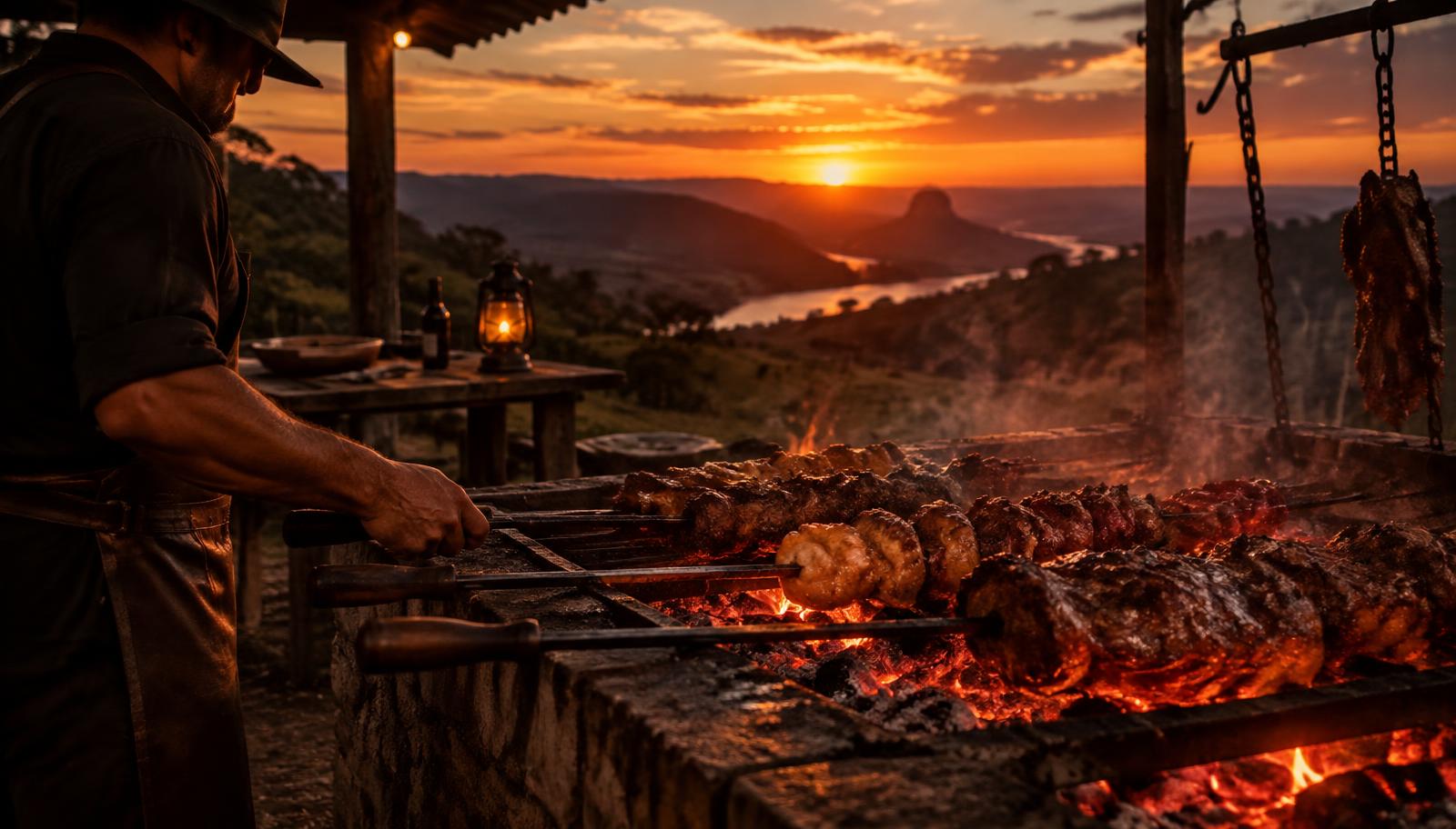 Churrasco sendo preparado ao entardecer